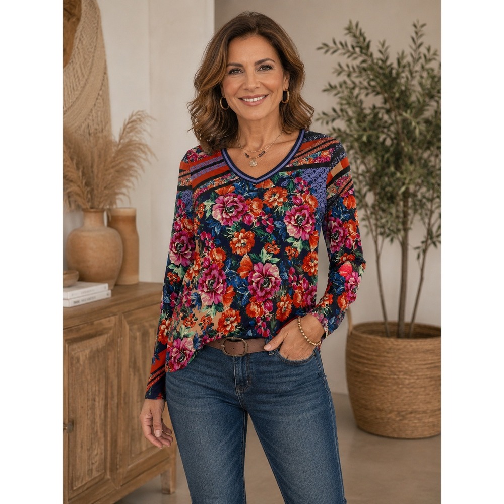 Johnny Was Top Women Los Angeles Floral Patchwork V-Neck Long Sleeve Top Navy XS